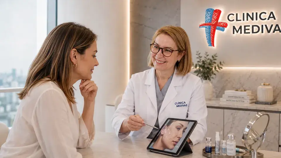 Equipo de Cirugía Estética de Clínica Medivás atendiendo una consulta de Lifting de Cejas en Clínica Medivás Madrid