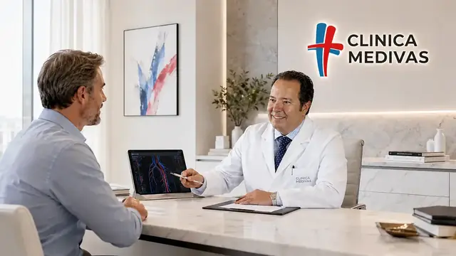 Presoescleroterapia Medivás® en Madrid | Clínica Medivás Dr. Agustín Arroyo Bielsa atendiendo una consulta de Presoescleroterapia Medivás® en Clínica Medivás Madrid