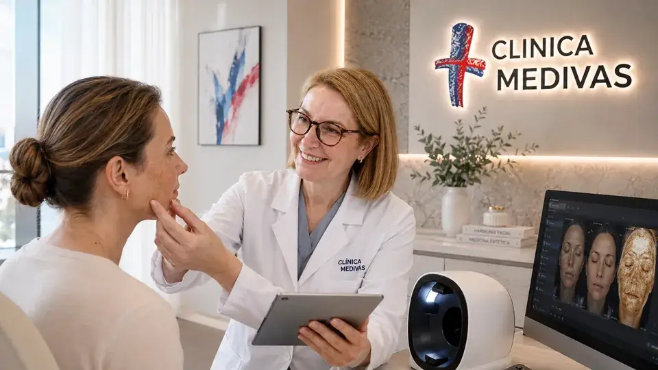 Tratamiento de manchas en Madrid | Clínica Medivás Dra. Paloma Tejero atendiendo una consulta de Tratamiento de manchas en Clínica Medivás Madrid